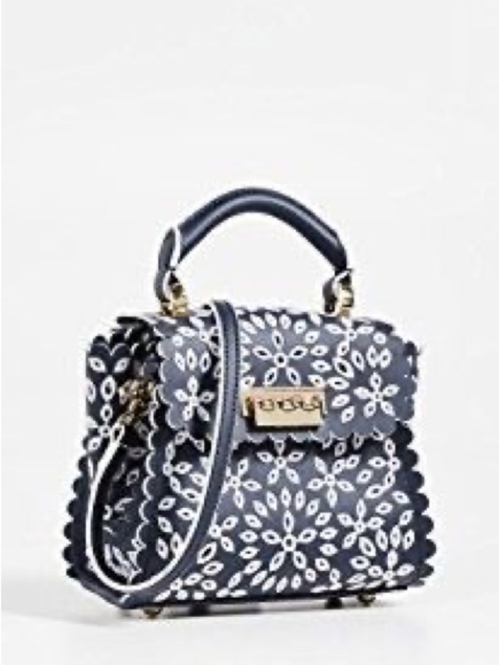 ZAC Zac Posen Navy and White Floral Laser-Cut Top Handle Bag